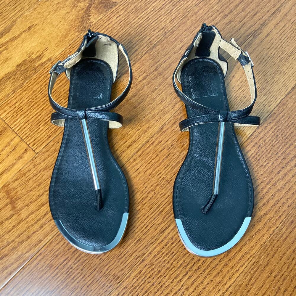 7 Labelle Black Silver Flat Sandal Slipper Flip FLop Black zip up summer